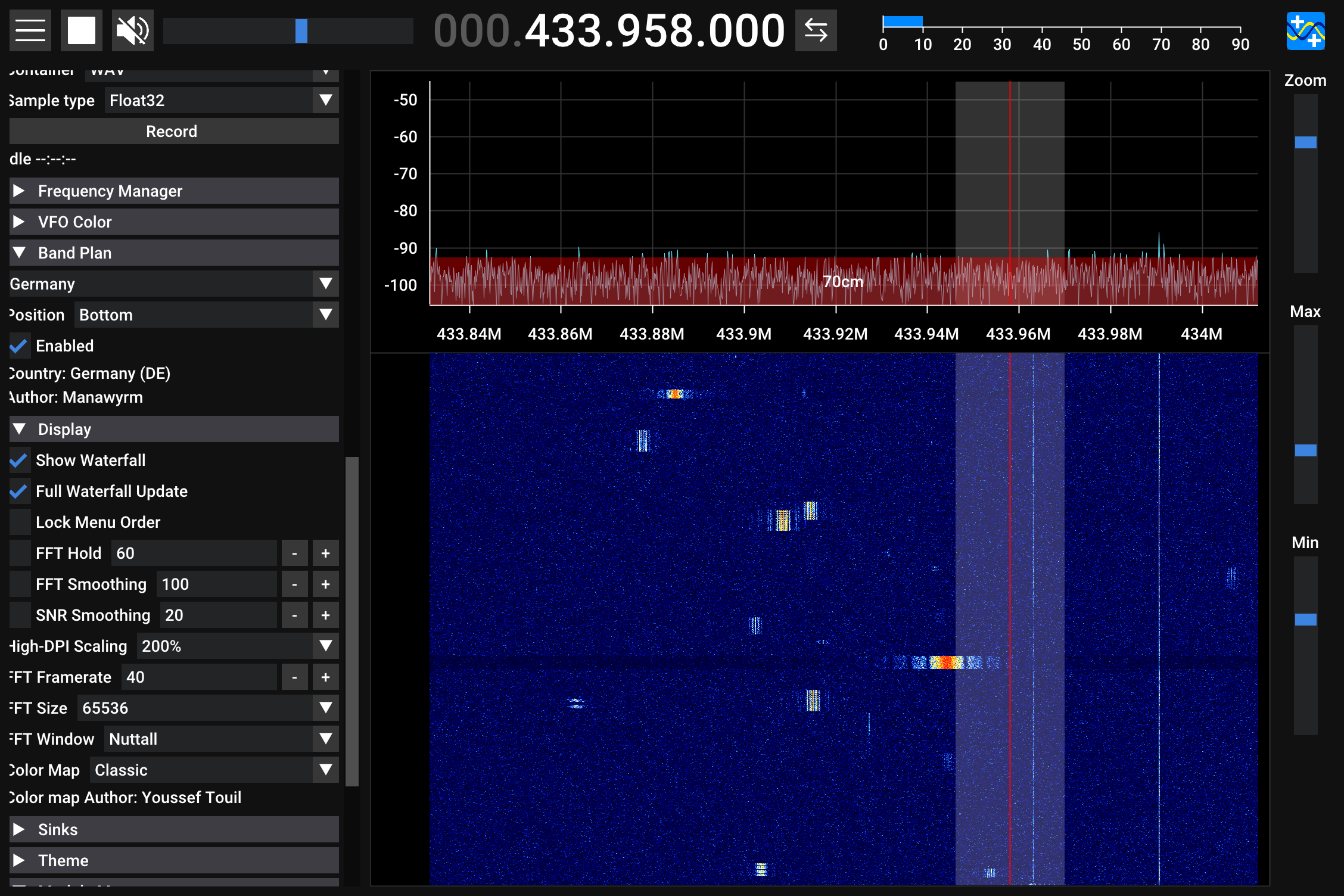 Short signal bursts in the frequency spectrum, at different frequencies around 433 MHz.