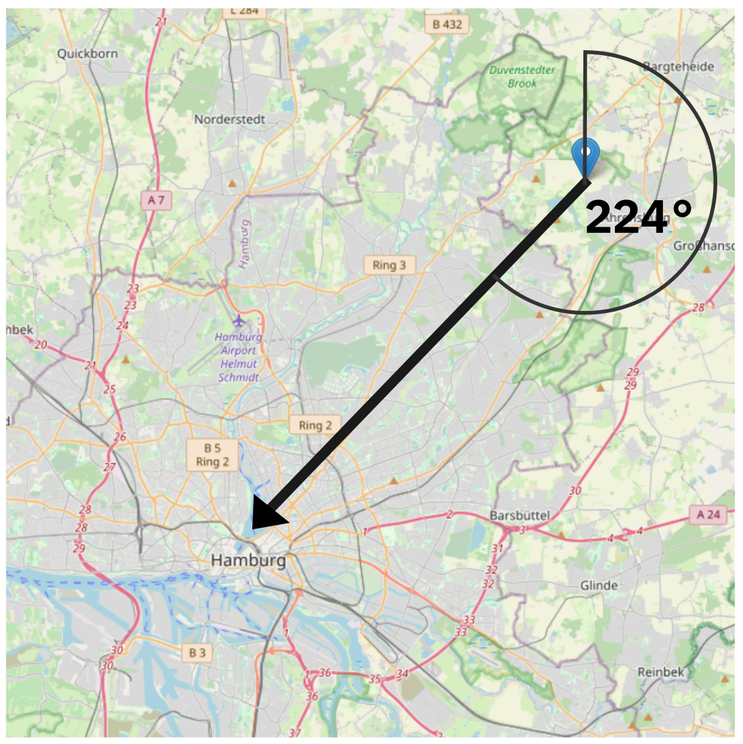 A map where I show that the real angle is 224 degrees.