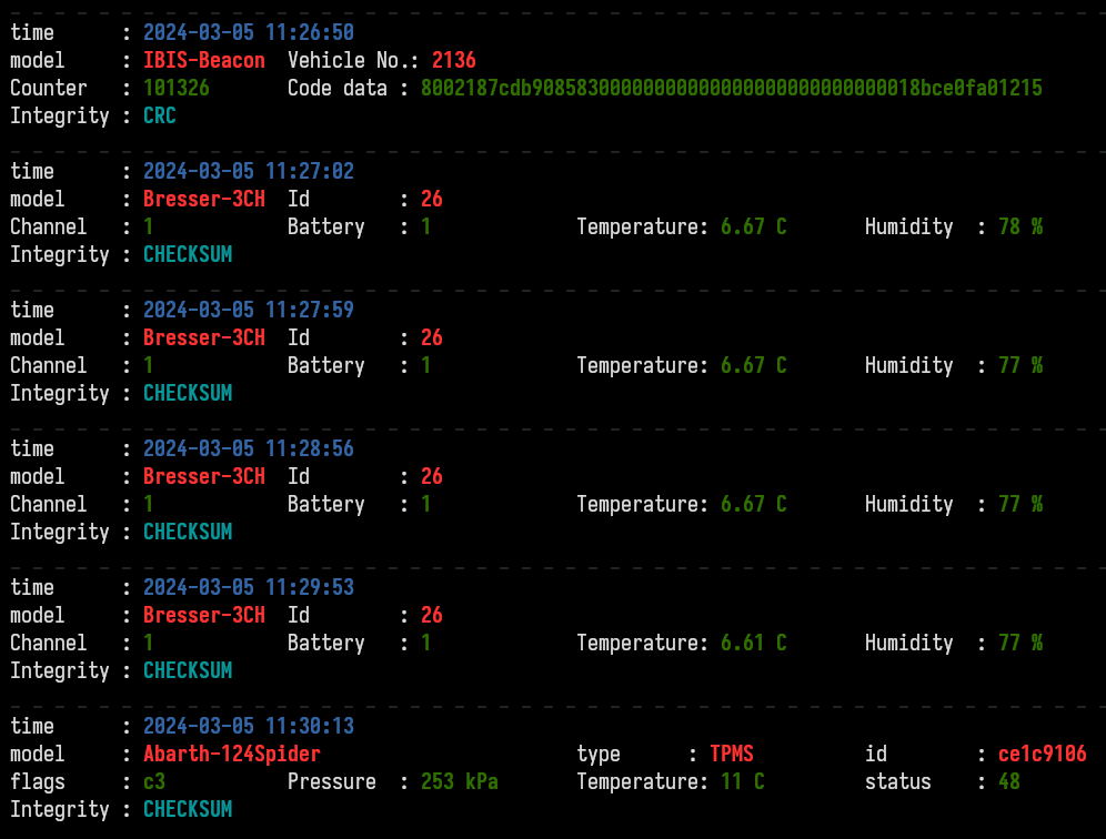 Command line output of rtl_433, reporting sensor data.