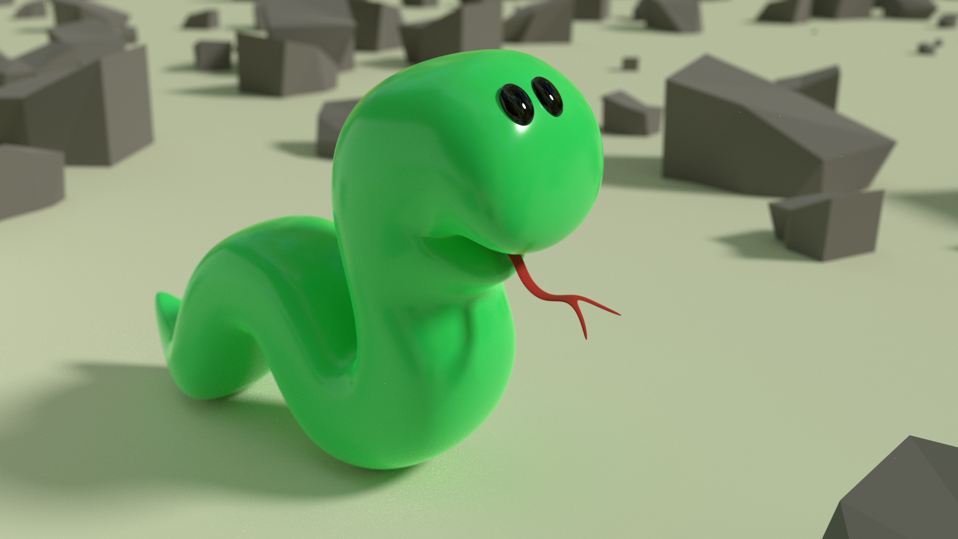 A tiny, green snake amidst a low-poly rock world
